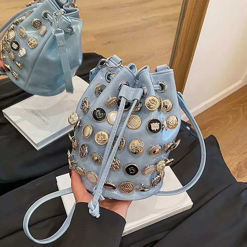 Stylish Button Embellished Leather Bucket Bag for Women, Large Capacity Drawstring Hobo Handbags Organizer Crossbody Purse