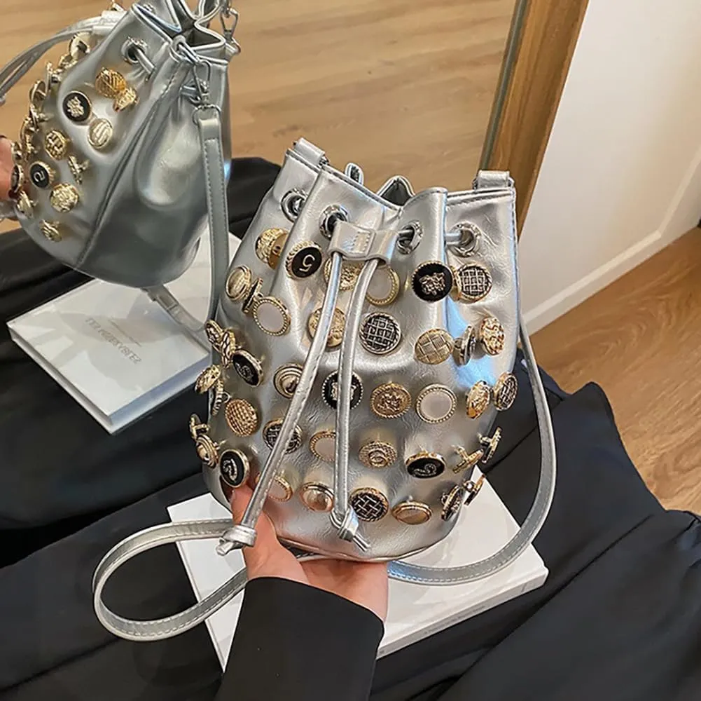 Stylish Button Embellished Leather Bucket Bag for Women, Large Capacity Drawstring Hobo Handbags Organizer Crossbody Purse