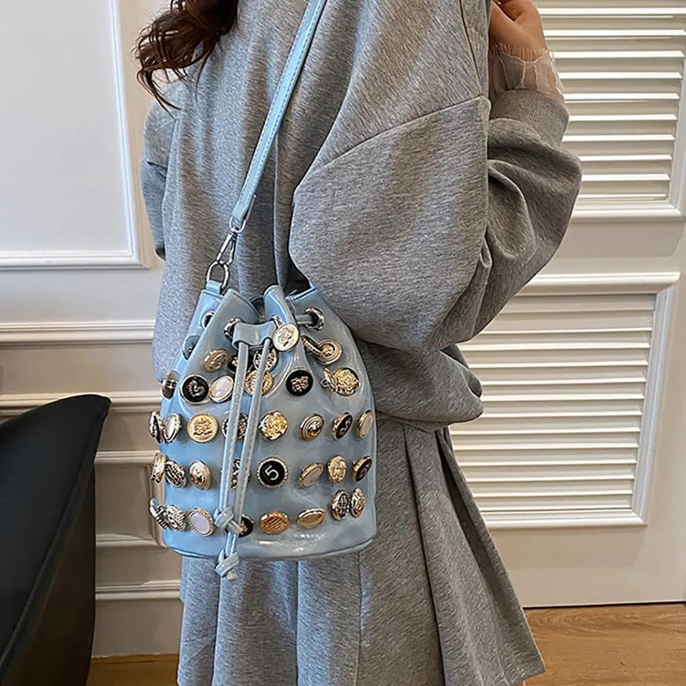 Stylish Button Embellished Leather Bucket Bag for Women, Large Capacity Drawstring Hobo Handbags Organizer Crossbody Purse