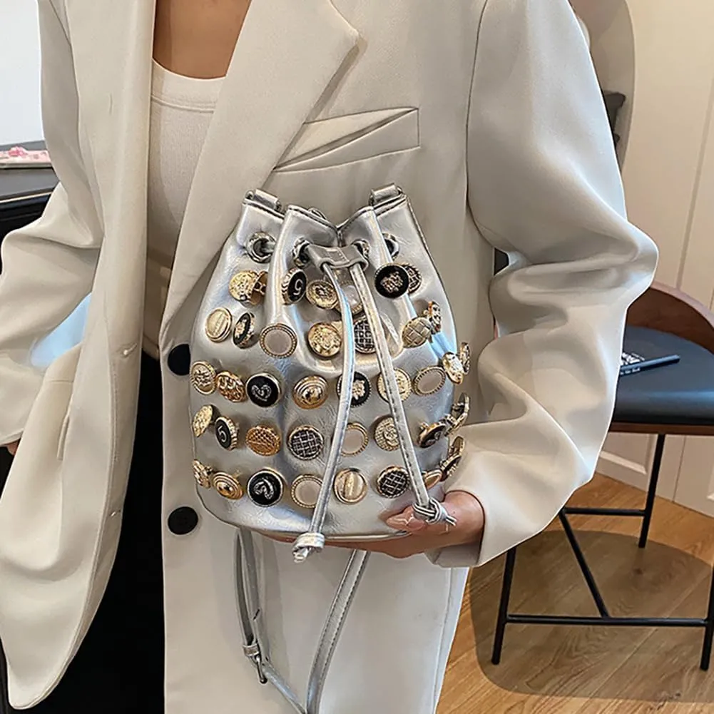 Stylish Button Embellished Leather Bucket Bag for Women, Large Capacity Drawstring Hobo Handbags Organizer Crossbody Purse