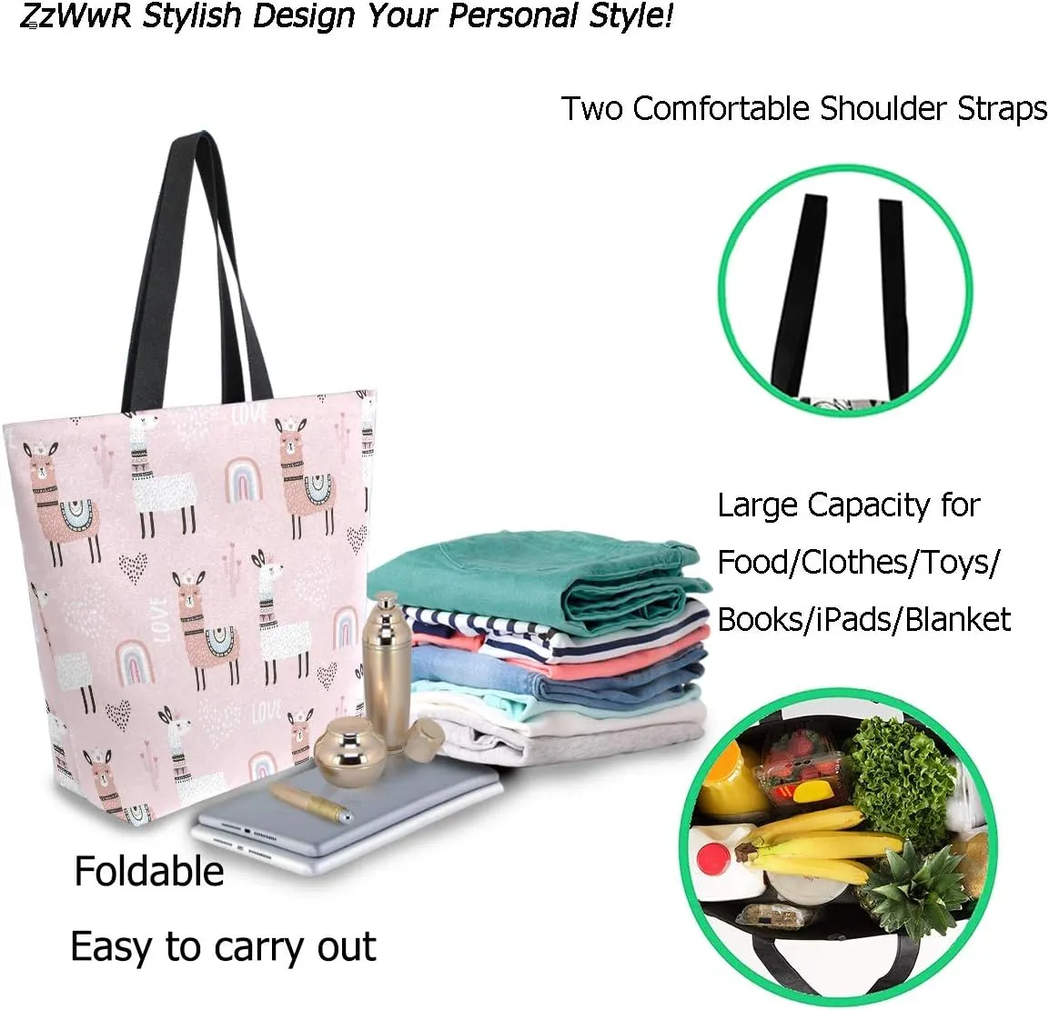 Stylish Cute Pattern Extra Large Shoulder Tote Bag for Beach Travel Weekender Gym Grocery Shopping