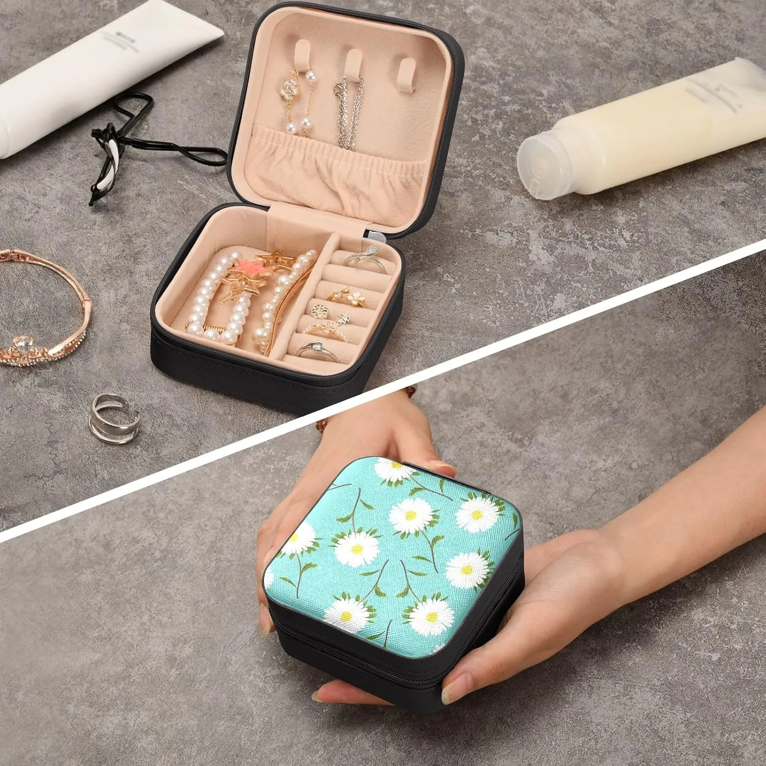 SUABO Jewelry Box Necklace Ring Storage Organizer Mini Jewelry case Earrings Leather Jewelry Travel Organizer for Women Girls Girlfriend Wife Gift Daisy Blue