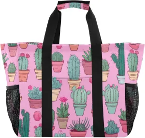 Succulents Flower Colorful Cactus Tote Bag for Women with Zipper Large Beach Bags Foldable Handbags Work Bag Totes for Grocery Travel Pool Gym