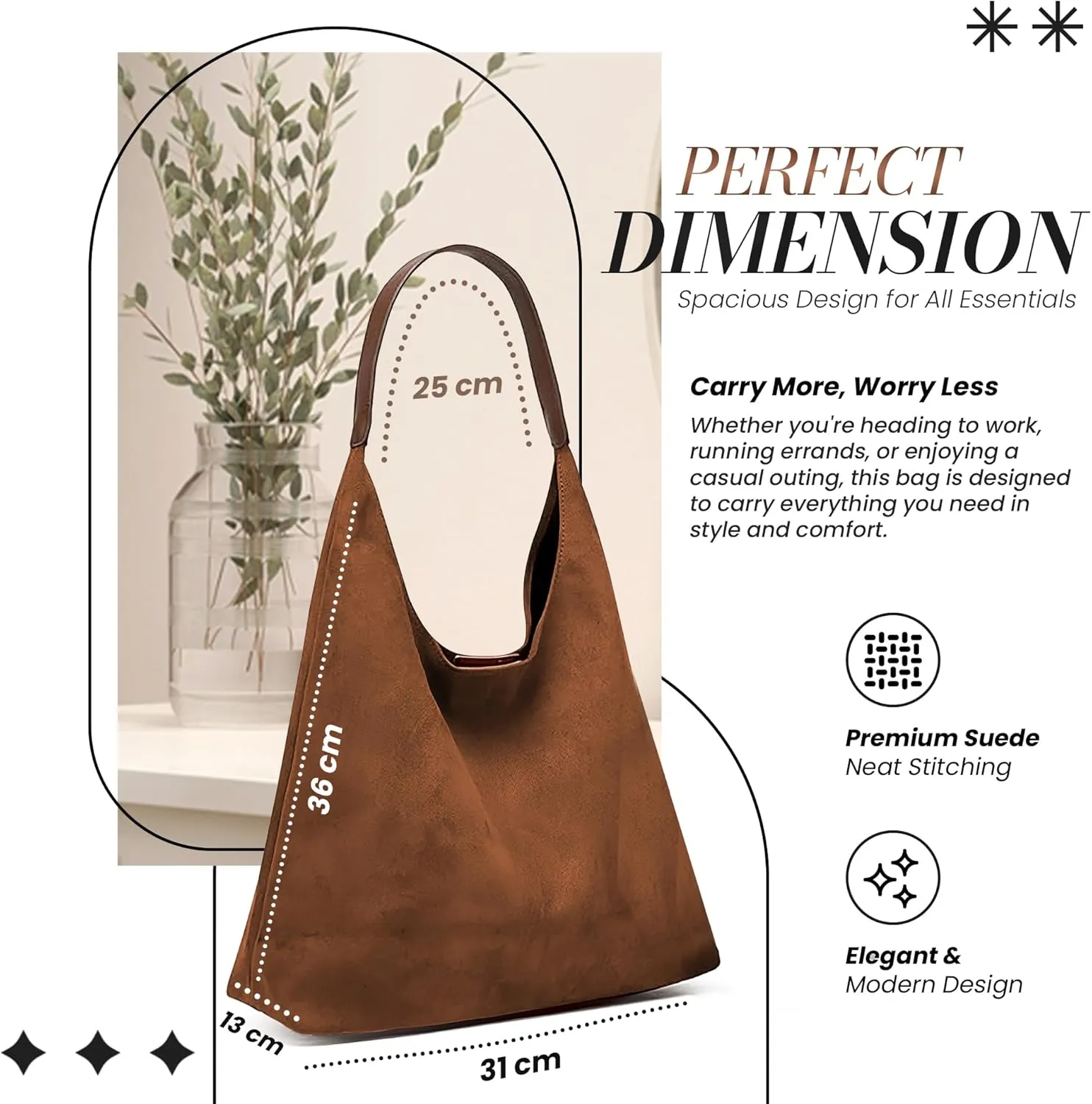 Suede Hobo Tote Bag for Women – Stylish Slouchy Handbag, Leather Work Bag, Women’s Handbags, Hobo Tote Bag for Travel&Office