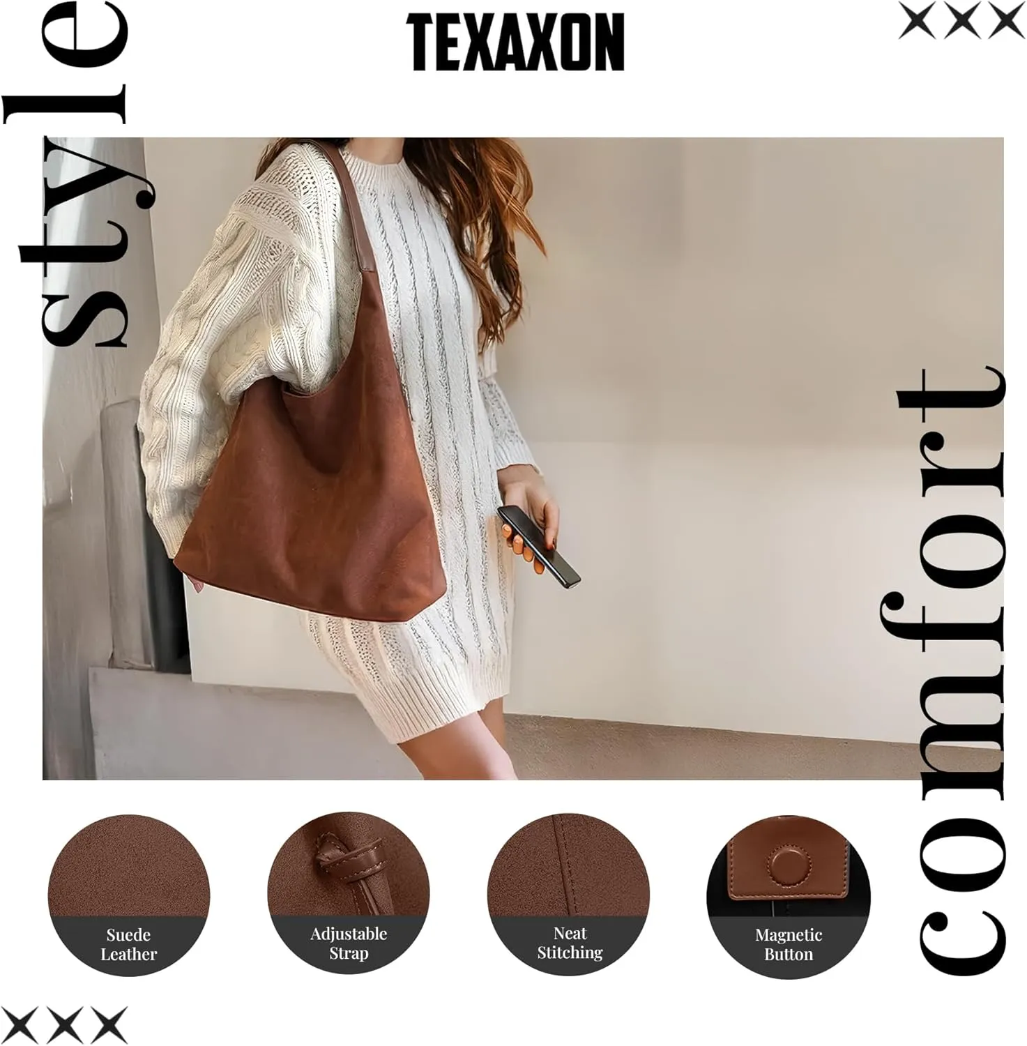 Suede Hobo Tote Bag for Women – Stylish Slouchy Handbag, Leather Work Bag, Women’s Handbags, Hobo Tote Bag for Travel&Office