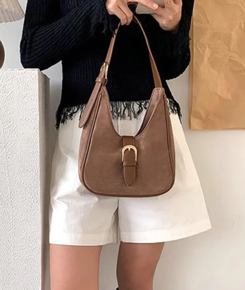 Suede Shoulder Bags For Women Retro Fall Clutch Saddle Bag Small Tote Bag Y2K Satchels Work Purses Slouchy Crescent Handbag