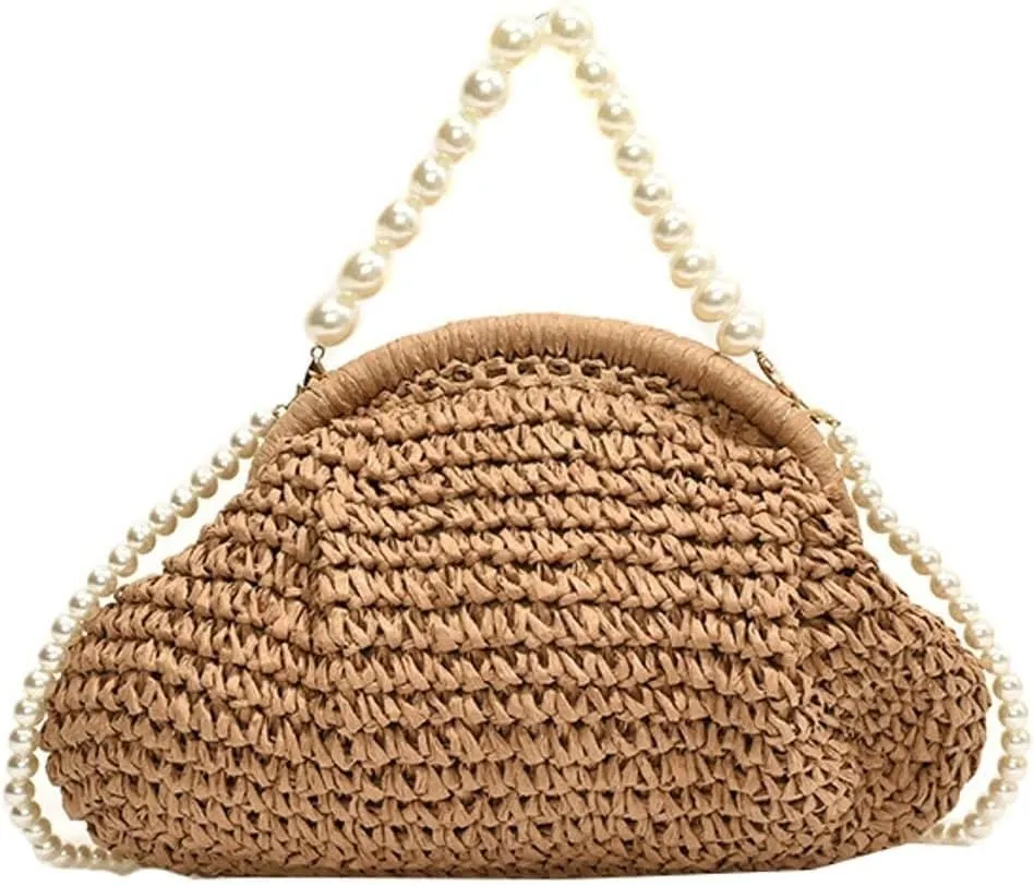 Summer Shell Pearl Embellished Woven Straw Small Shoulder & Crossbody Tote Satchel Beach Clutch Vacation Purse for Women