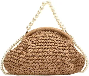 Summer Shell Pearl Embellished Woven Straw Small Shoulder & Crossbody Tote Satchel Beach Clutch Vacation Purse for Women