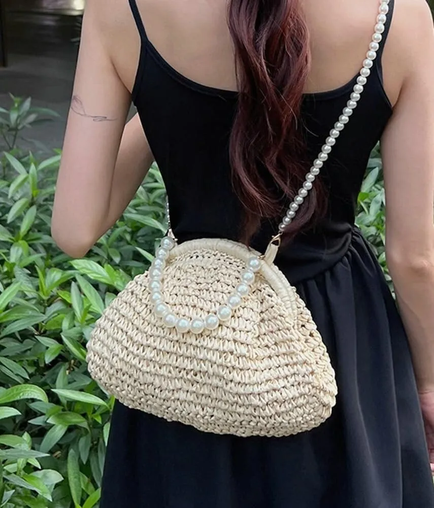 Summer Shell Pearl Embellished Woven Straw Small Shoulder & Crossbody Tote Satchel Beach Clutch Vacation Purse for Women