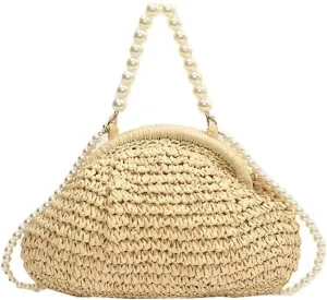 Summer Shell Pearl Embellished Woven Straw Small Shoulder & Crossbody Tote Satchel Beach Clutch Vacation Purse for Women