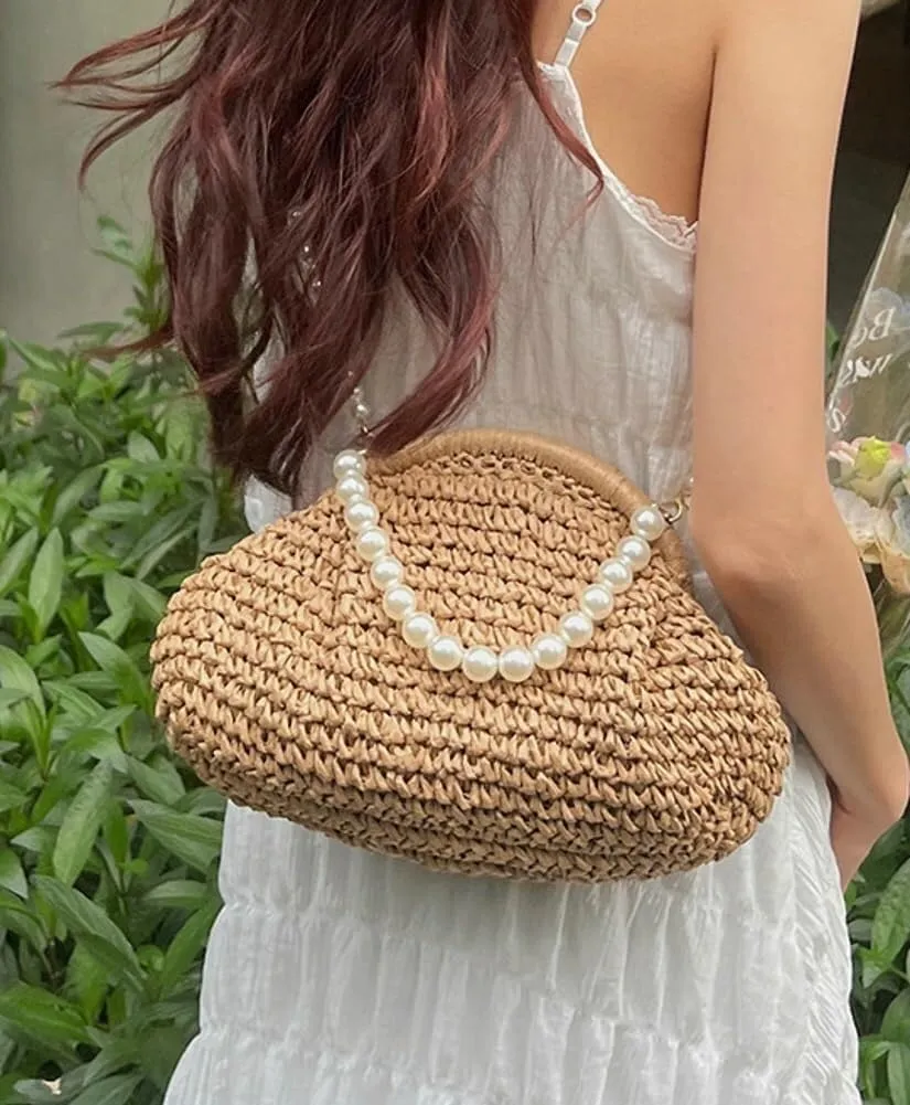 Summer Shell Pearl Embellished Woven Straw Small Shoulder & Crossbody Tote Satchel Beach Clutch Vacation Purse for Women