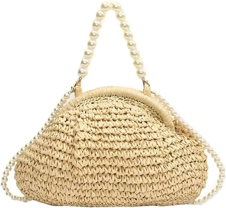 Summer Shell Pearl Embellished Woven Straw Small Shoulder & Crossbody Tote Satchel Beach Clutch Vacation Purse for Women