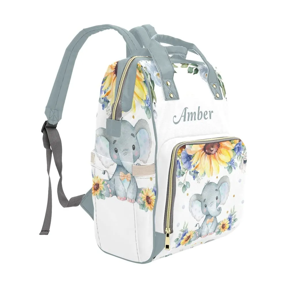 Sunflower Flower Elephant Diaper Bags Backpack with Name Personalized Baby Bag Travel Tote Bag Gifts for Mom Girl
