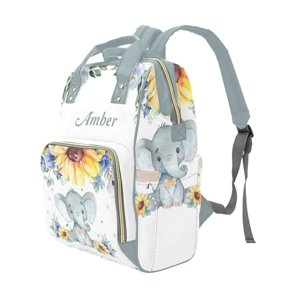 Sunflower Flower Elephant Diaper Bags Backpack with Name Personalized Baby Bag Travel Tote Bag Gifts for Mom Girl