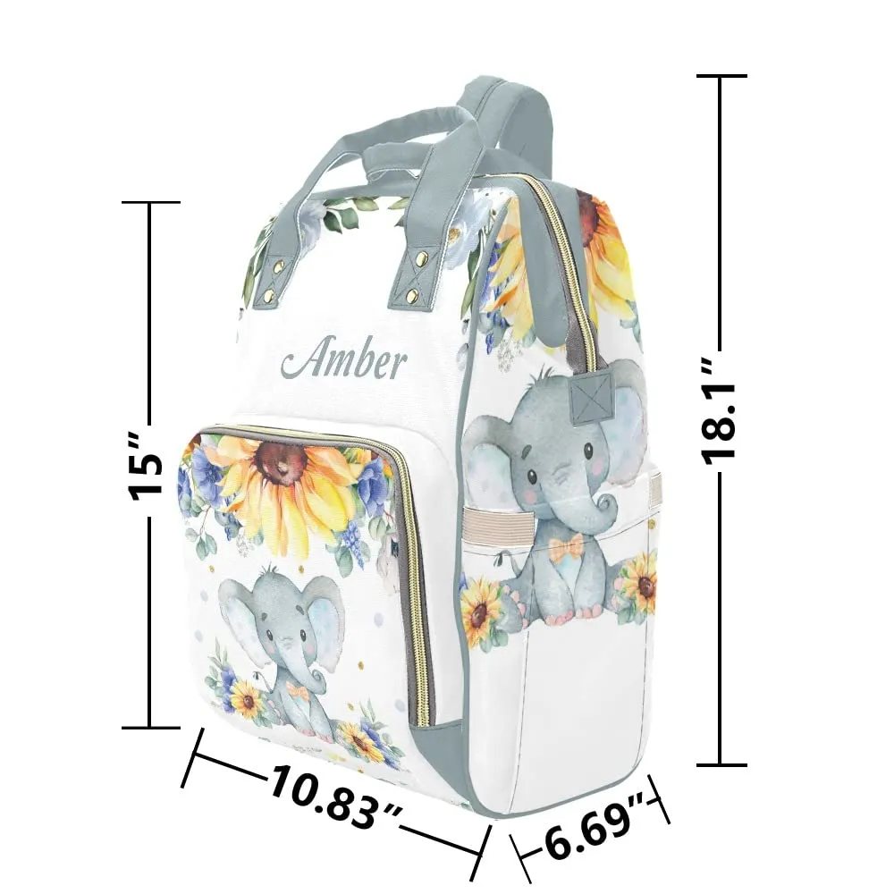 Sunflower Flower Elephant Diaper Bags Backpack with Name Personalized Baby Bag Travel Tote Bag Gifts for Mom Girl