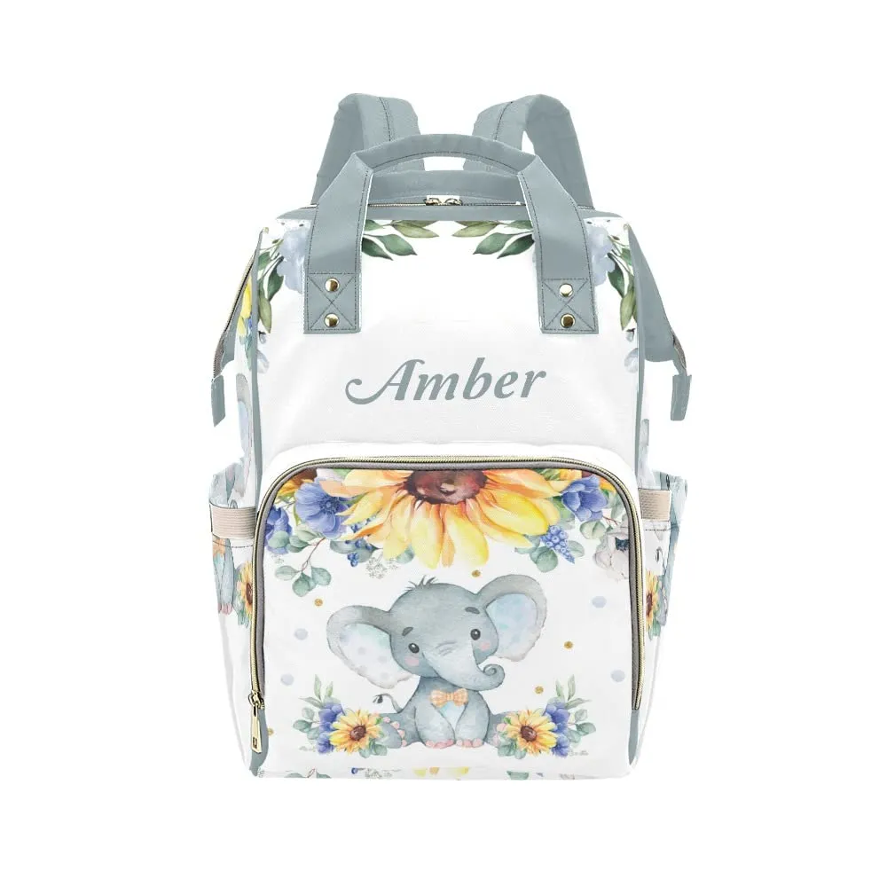 Sunflower Flower Elephant Diaper Bags Backpack with Name Personalized Baby Bag Travel Tote Bag Gifts for Mom Girl