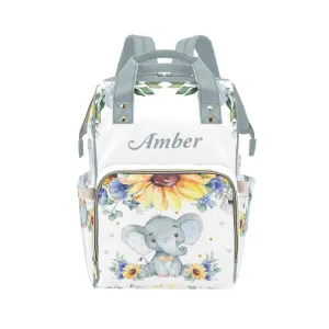 Sunflower Flower Elephant Diaper Bags Backpack with Name Personalized Baby Bag Travel Tote Bag Gifts for Mom Girl
