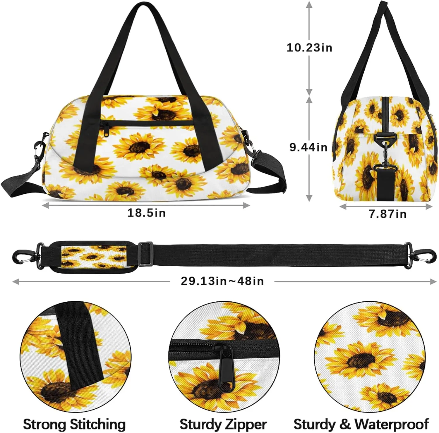 Sunflower Pattern Kids Duffel Bag Lightweight Waterproof Sports Gym Bag with Front Zipper Pocket Foldable Weekender Overnight Bag for School Practice Gymnastic Ballet