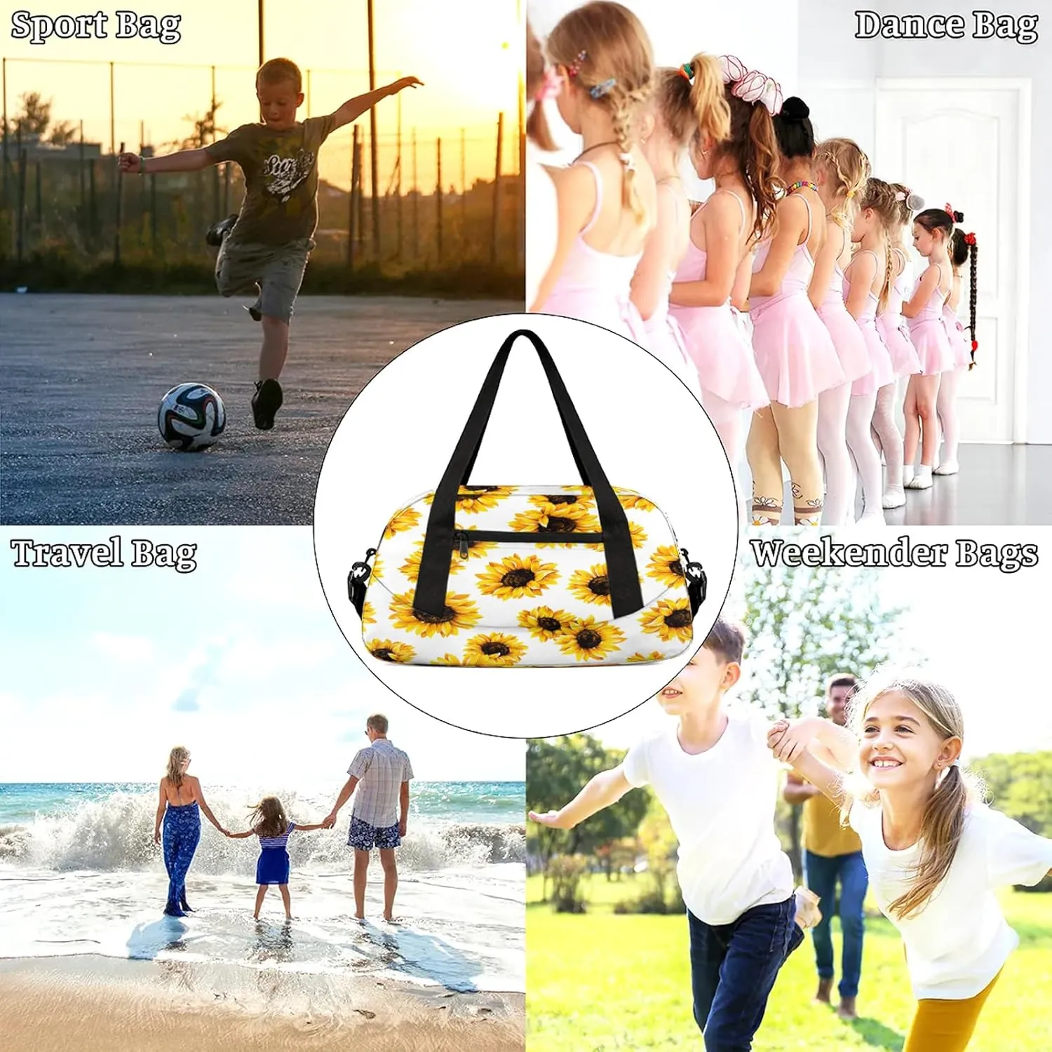 Sunflower Pattern Kids Duffel Bag Lightweight Waterproof Sports Gym Bag with Front Zipper Pocket Foldable Weekender Overnight Bag for School Practice Gymnastic Ballet