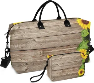 Sunflowers on Wood Board Travel Duffel Bags with Toiletry Bag for Travel Gym Yoga Weekender Bag