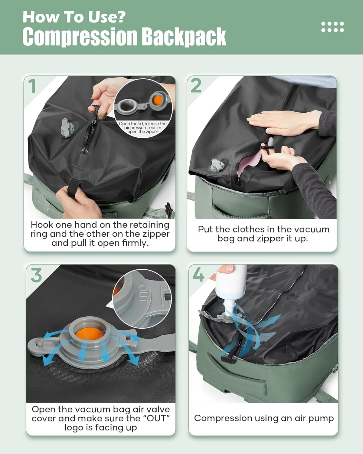 suradar Vacpack Backpack with Vacuum Seal Backpack Travel Airback Backpack with Pump Laptop Compression Backpacks