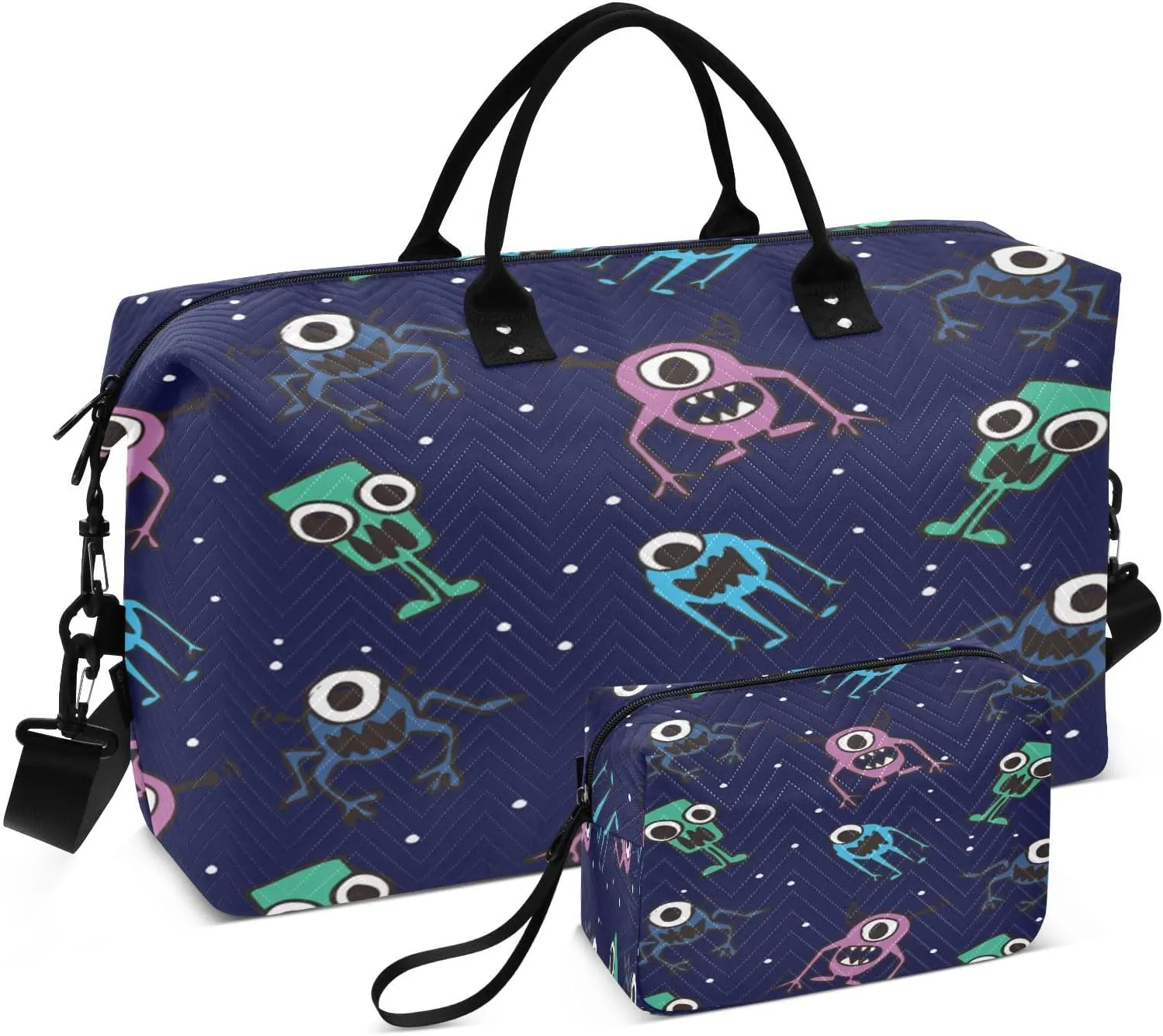 susiyo Cute Alien Black Expandable Travel Duffle Bag, Large Weekender Overnight Bags and Adjustable Strap, Carry On Shoulder Tote Bag, Gym Duffel Bag with Toiletry Bags for Hospital