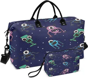 susiyo Cute Alien Black Expandable Travel Duffle Bag, Large Weekender Overnight Bags and Adjustable Strap, Carry On Shoulder Tote Bag, Gym Duffel Bag with Toiletry Bags for Hospital