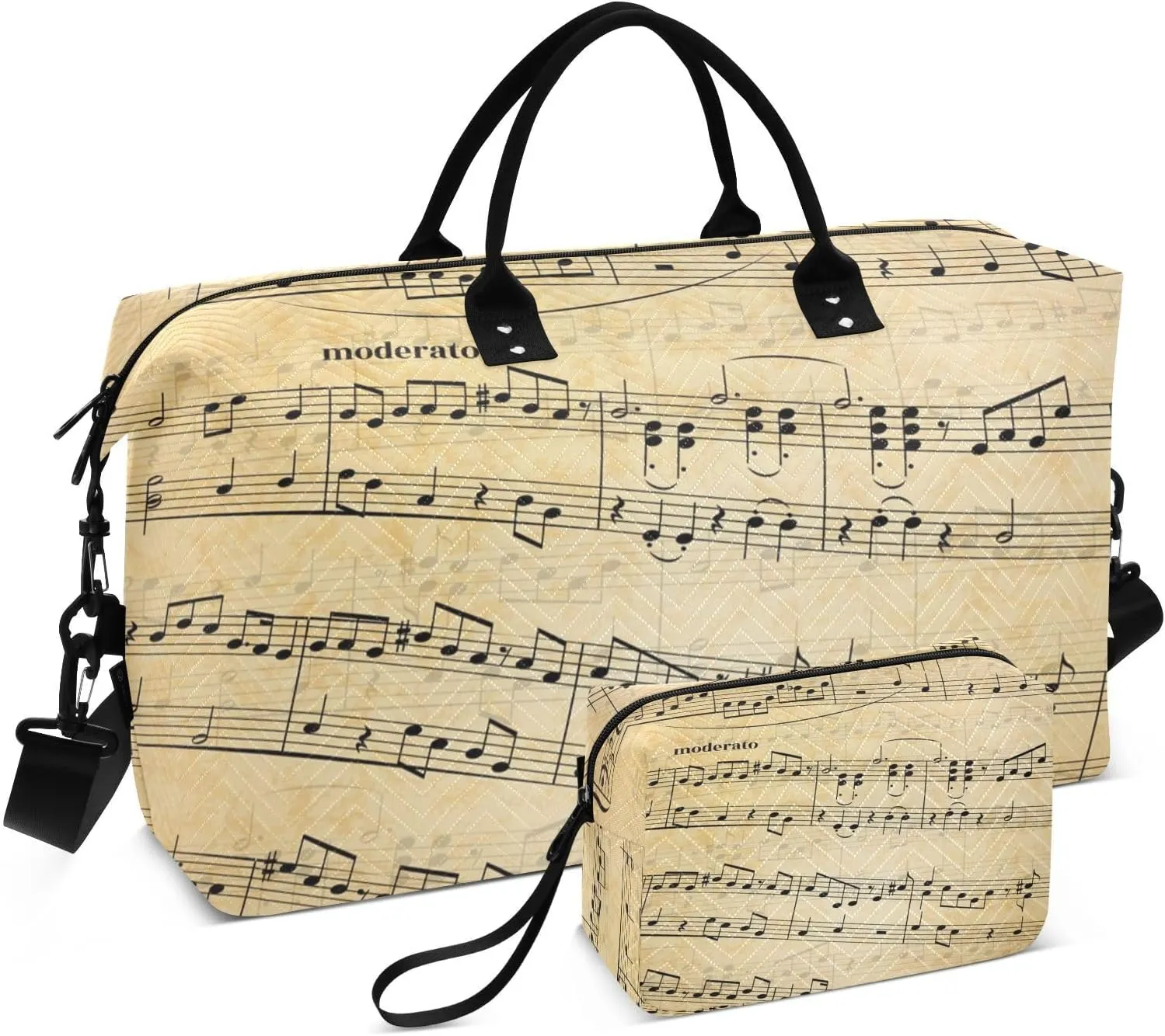 susiyo Retro Music Notes on Stave Abstract Old Paper Travel Duffel Bags Quilted Gym Bag Weekender Overnight Bags with Small Makeup Pouch