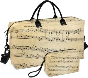 susiyo Retro Music Notes on Stave Abstract Old Paper Travel Duffel Bags Quilted Gym Bag Weekender Overnight Bags with Small Makeup Pouch