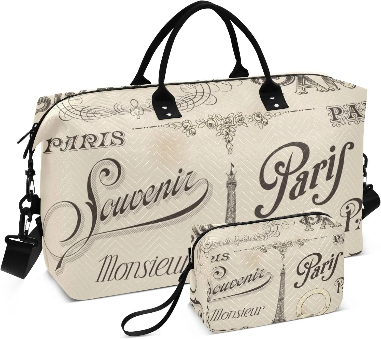 susiyo Travel Duffel Bags Paris Theme Quilted Gym Bag Weekender Overnight Bags with Small Makeup Pouch
