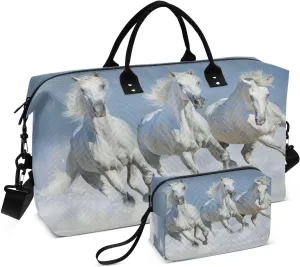 susiyo White Arabian Horses Expandable Travel Duffle Bag, Large Weekender Overnight Bags and Adjustable Strap, Carry On Shoulder Tote Bag, Gym Duffel Bag with Toiletry Bags for Hospital