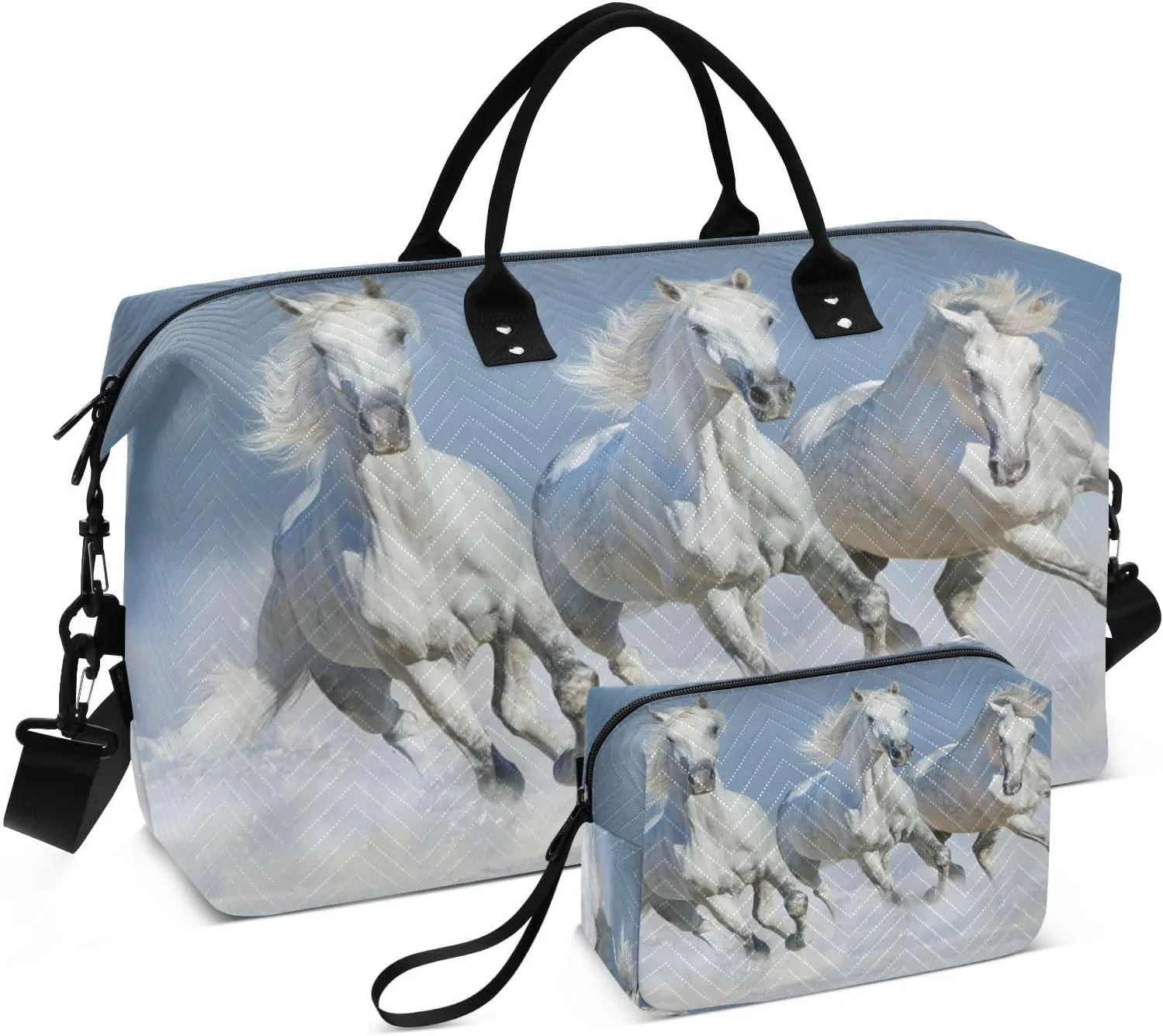 susiyo White Arabian Horses Expandable Travel Duffle Bag, Large Weekender Overnight Bags and Adjustable Strap, Carry On Shoulder Tote Bag, Gym Duffel Bag with Toiletry Bags for Hospital