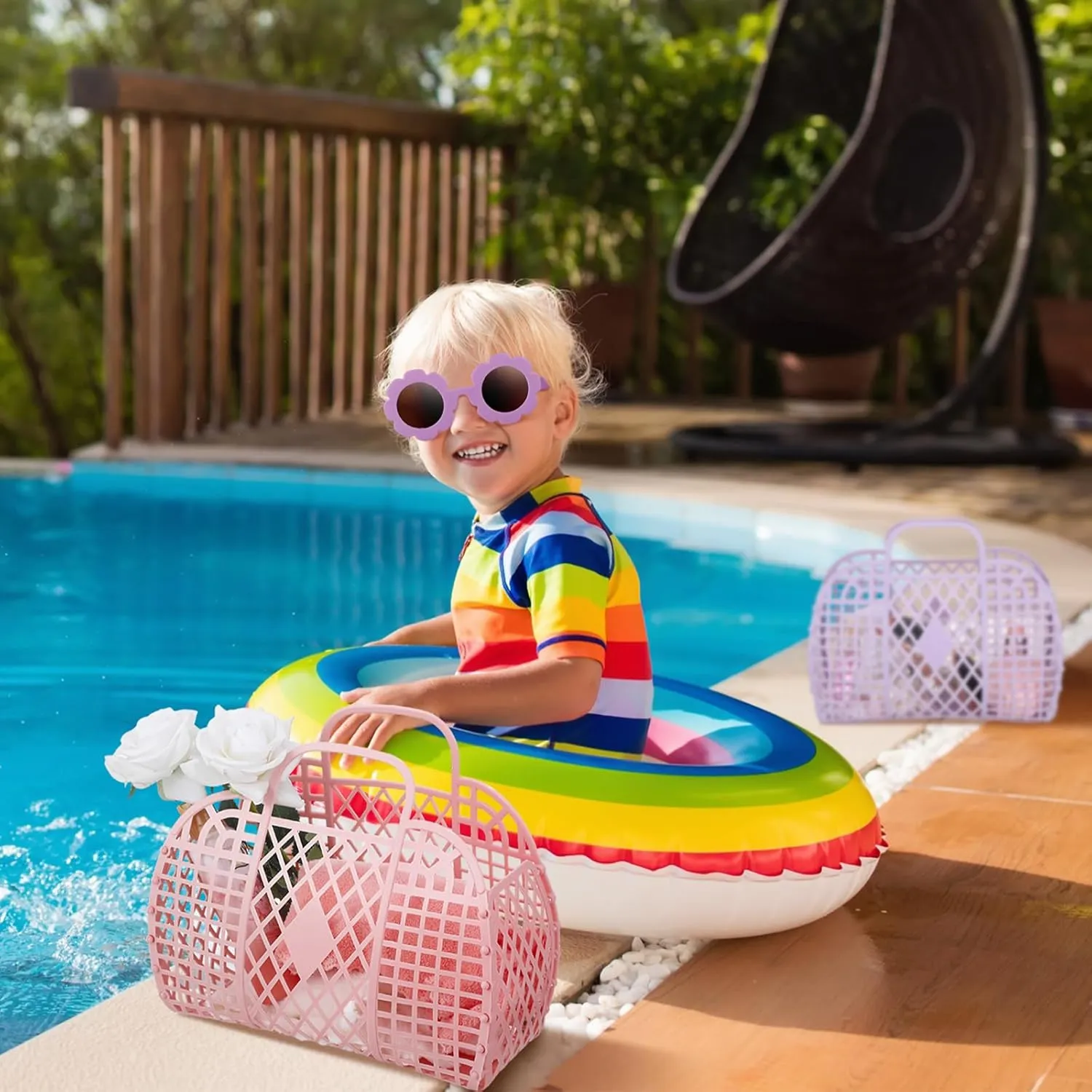 Sweetude 12 Pcs Jelly Bags with Sunglasses Jelly Purse Basket Reusable Tote Beach Handbags for Women Girls Kid