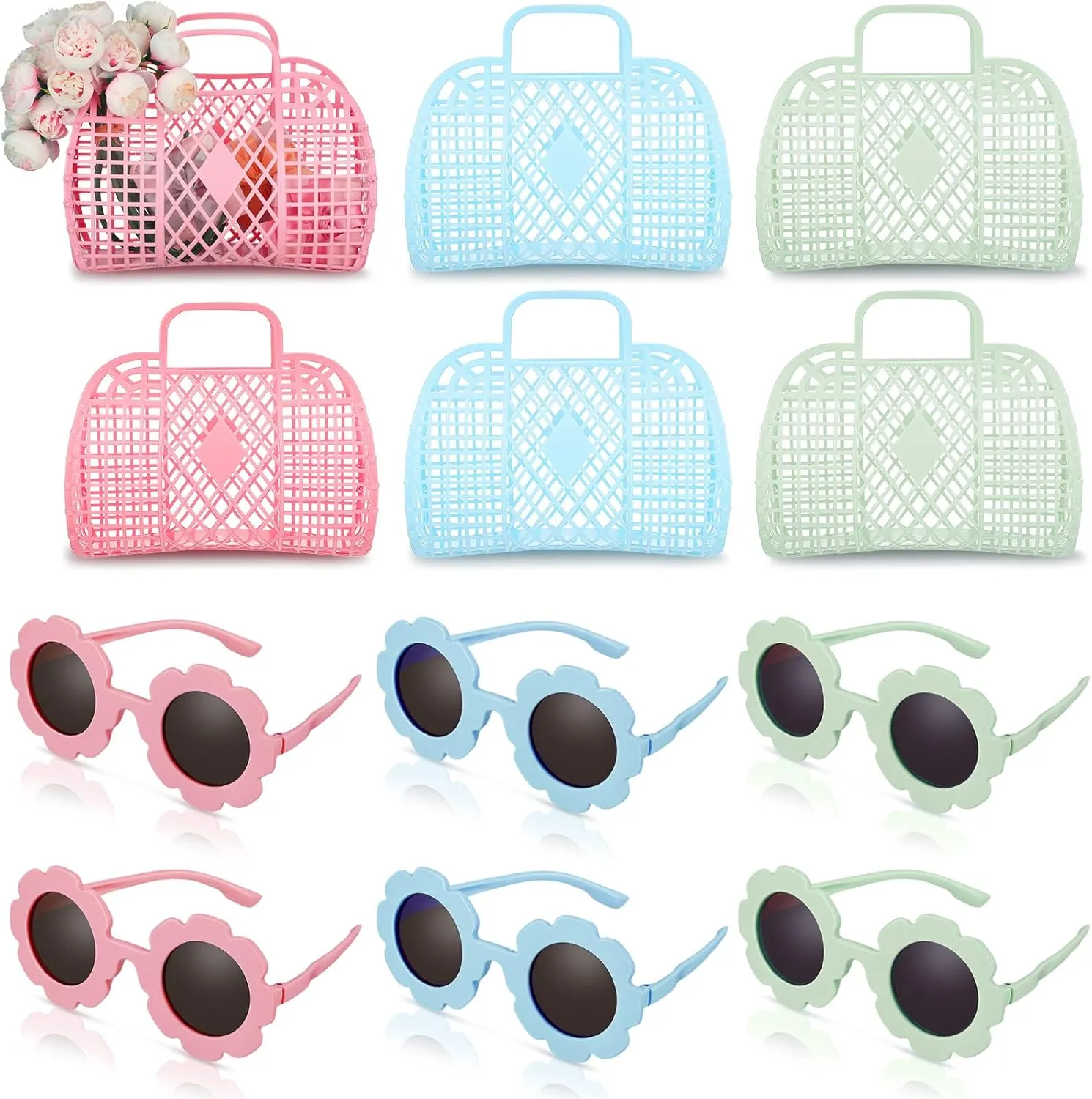 Sweetude 12 Pcs Jelly Bags with Sunglasses Jelly Purse Basket Reusable Tote Beach Handbags for Women Girls Kid