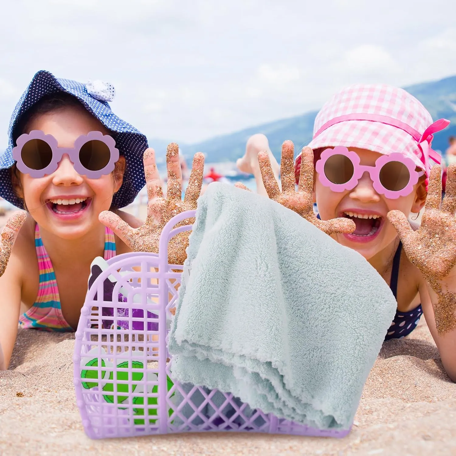 Sweetude 12 Pcs Jelly Bags with Sunglasses Jelly Purse Basket Reusable Tote Beach Handbags for Women Girls Kid