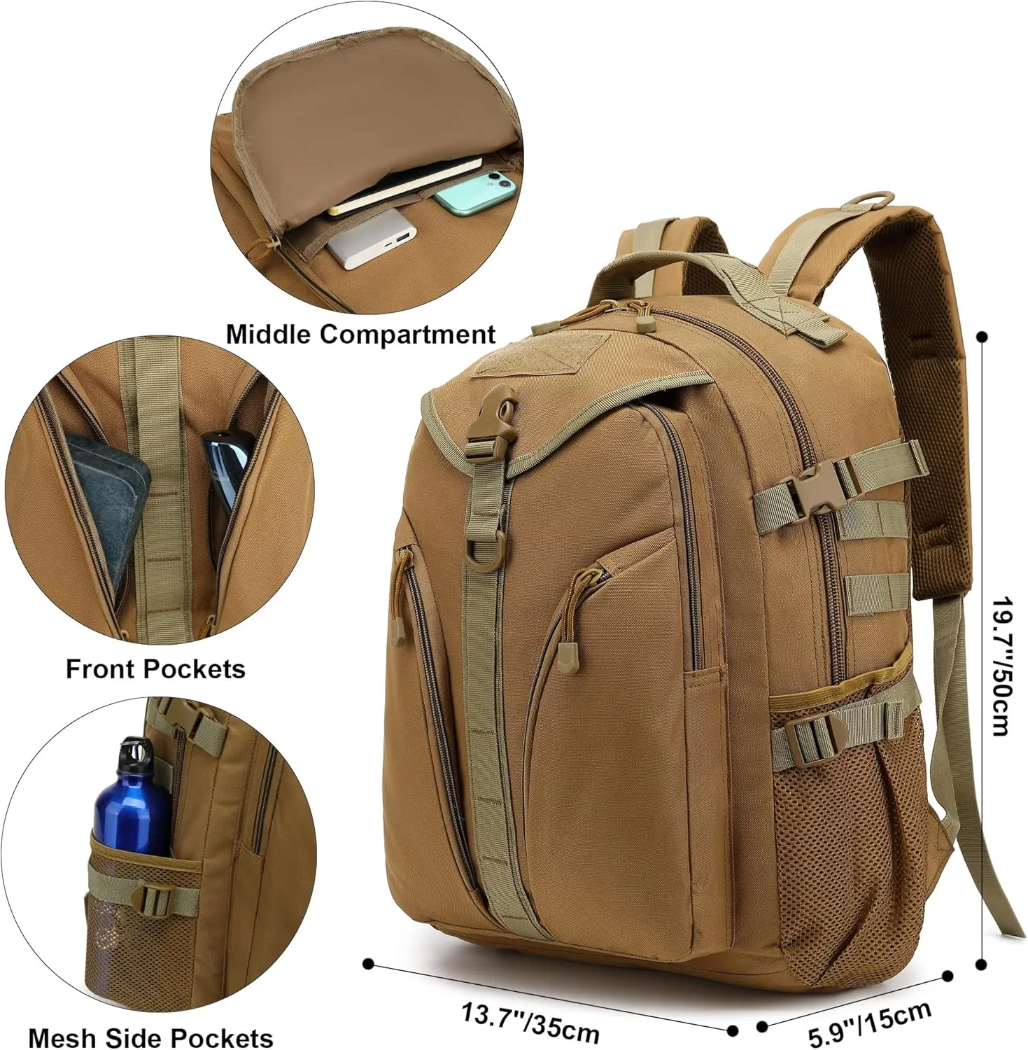Tactical Backpack Boys School Backpacks Mens College Bookbags for Kids Teens Adults Camping Hiking Traveling (Khaki)
