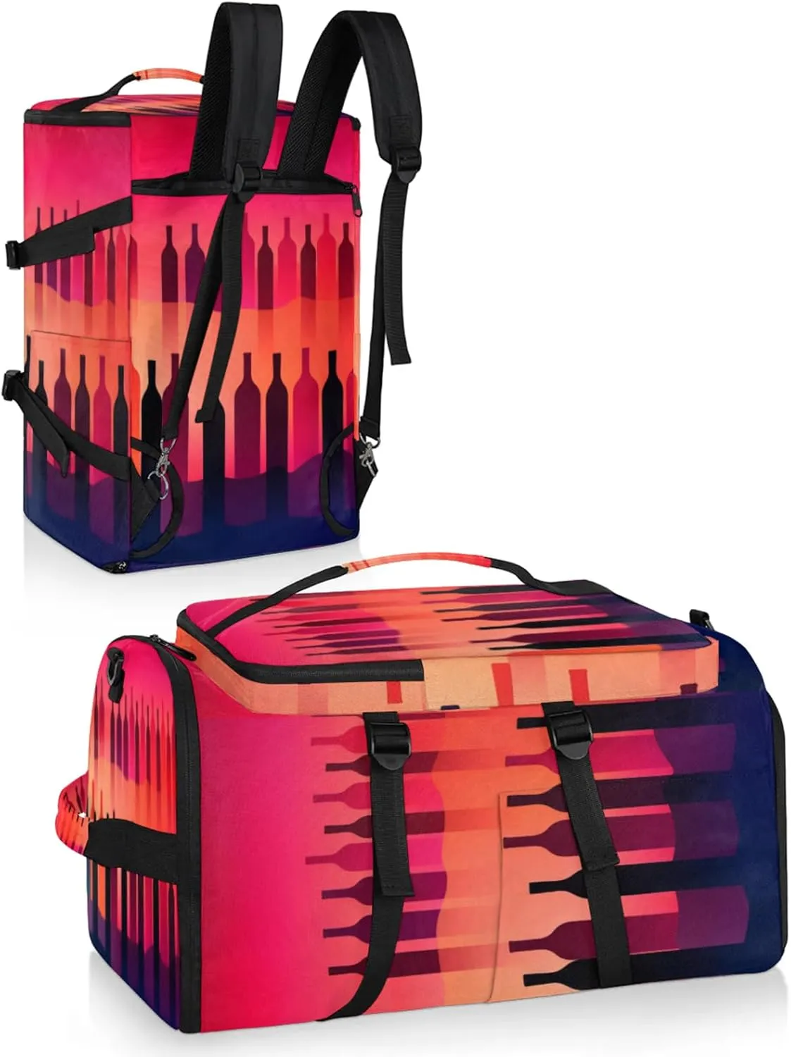 Tactical Sports Duffle Bag for Travel Waterproof Gym Bag with Shoe Compartment 48L Carry On Luggage for Men & Women 3-in-1 Durable Travel Luggage Abstract Wine Bottles