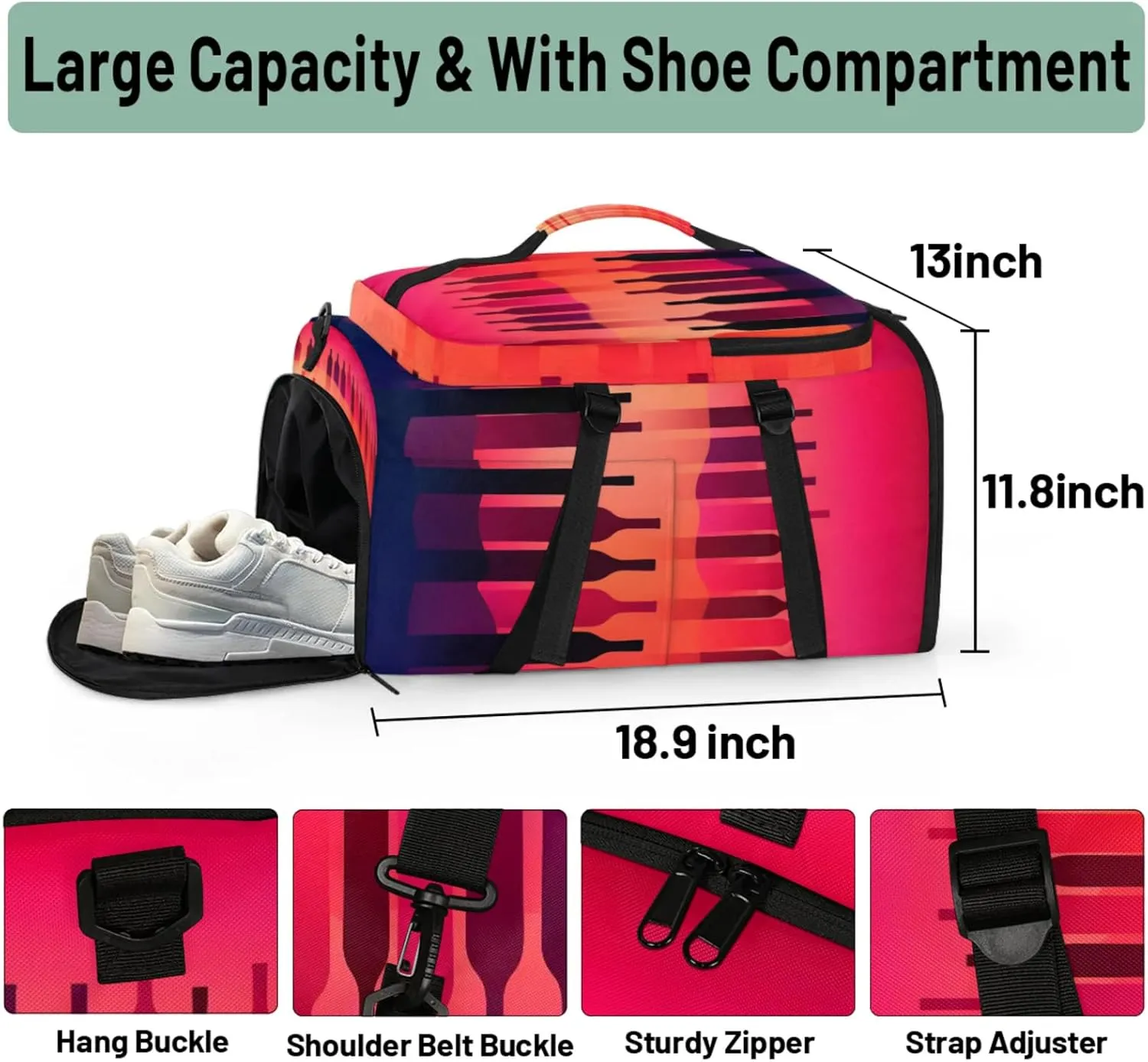 Tactical Sports Duffle Bag for Travel Waterproof Gym Bag with Shoe Compartment 48L Carry On Luggage for Men & Women 3-in-1 Durable Travel Luggage Abstract Wine Bottles