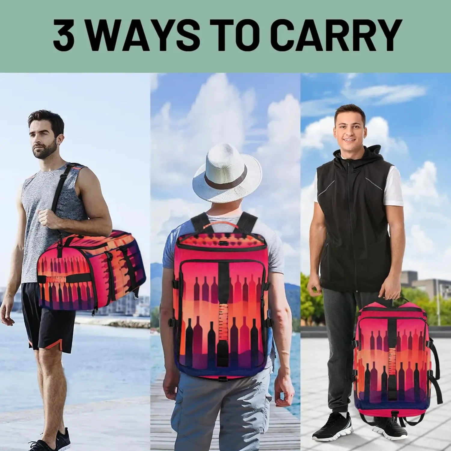 Tactical Sports Duffle Bag for Travel Waterproof Gym Bag with Shoe Compartment 48L Carry On Luggage for Men & Women 3-in-1 Durable Travel Luggage Abstract Wine Bottles