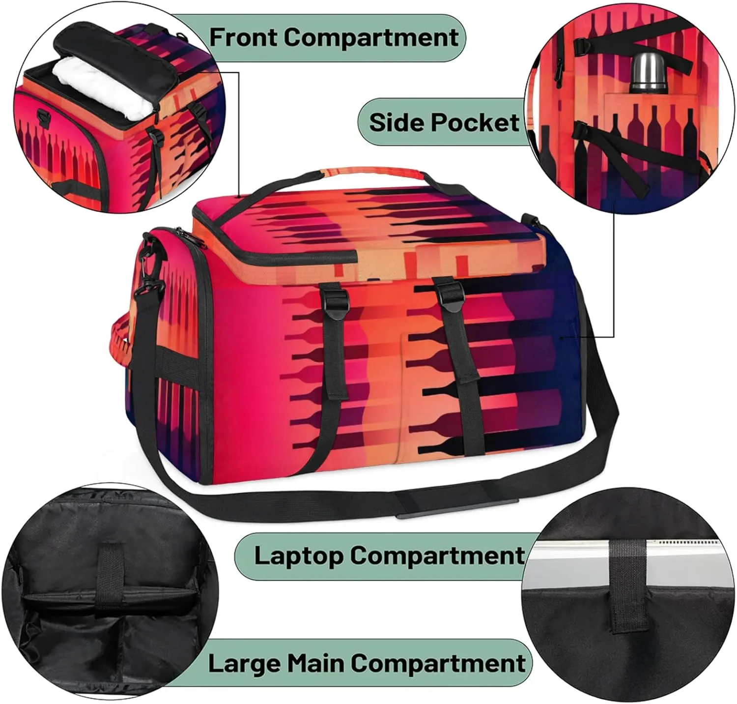 Tactical Sports Duffle Bag for Travel Waterproof Gym Bag with Shoe Compartment 48L Carry On Luggage for Men & Women 3-in-1 Durable Travel Luggage Abstract Wine Bottles