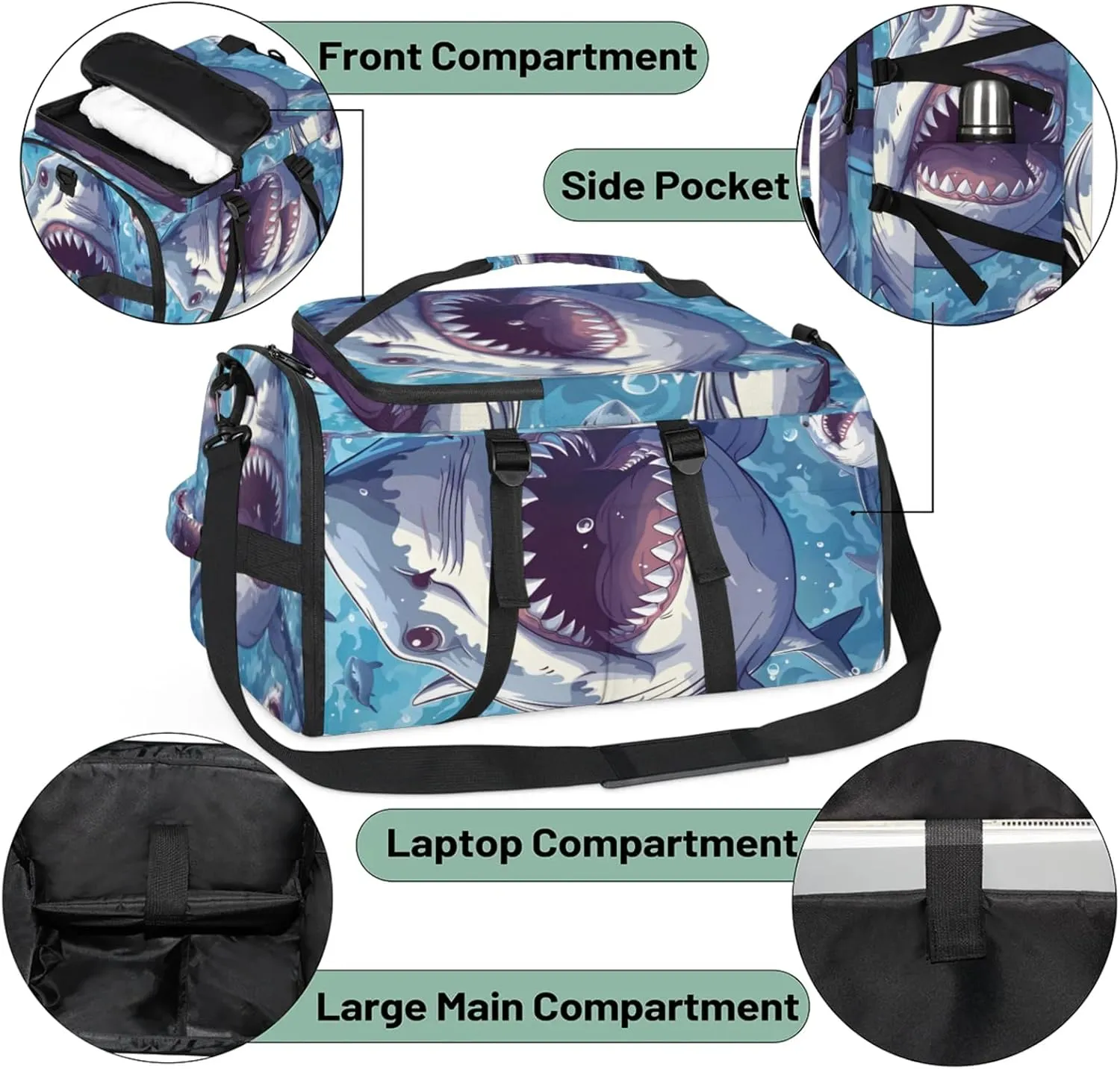 Tactical Sports Duffle Bag for Travel Waterproof Gym Bag with Shoe Compartment 48L Carry On Luggage for Men & Women 3-in-1 Durable Travel Luggage Attack Shark