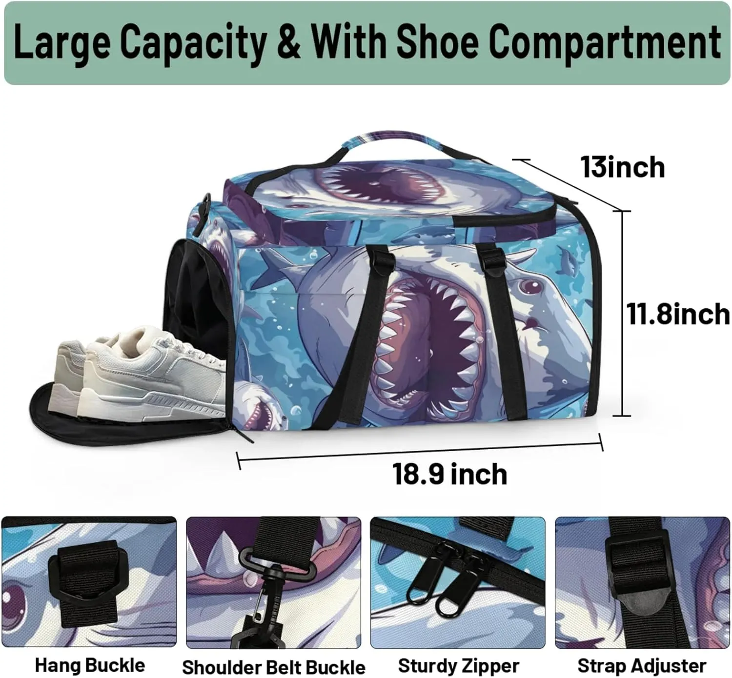 Tactical Sports Duffle Bag for Travel Waterproof Gym Bag with Shoe Compartment 48L Carry On Luggage for Men & Women 3-in-1 Durable Travel Luggage Attack Shark