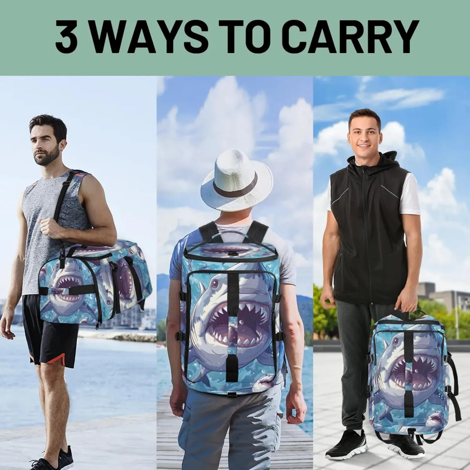 Tactical Sports Duffle Bag for Travel Waterproof Gym Bag with Shoe Compartment 48L Carry On Luggage for Men & Women 3-in-1 Durable Travel Luggage Attack Shark