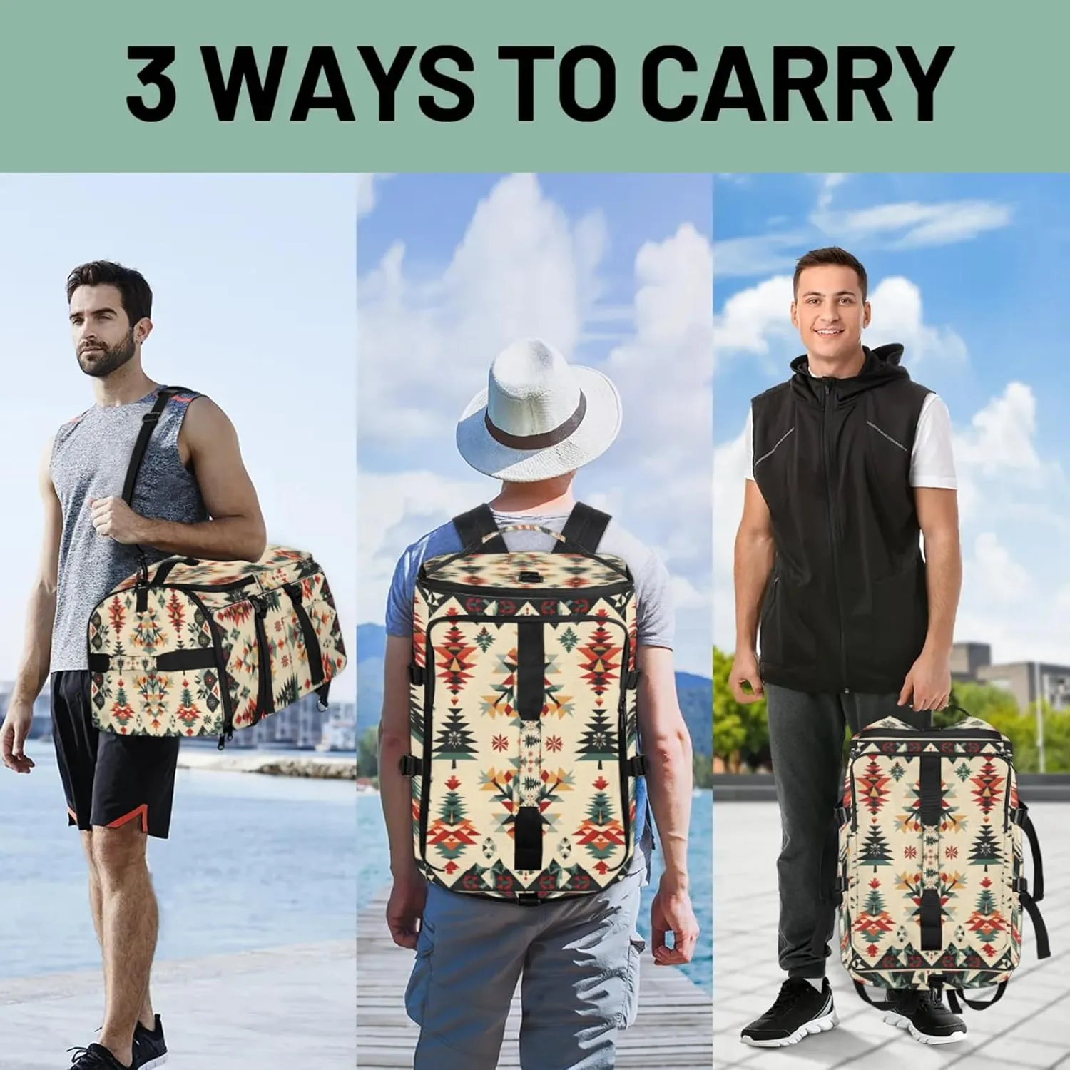 Tactical Sports Duffle Bag for Travel Waterproof Gym Bag with Shoe Compartment 48L Carry On Luggage for Men & Women 3-in-1 Durable Travel Luggage Boho Christmas
