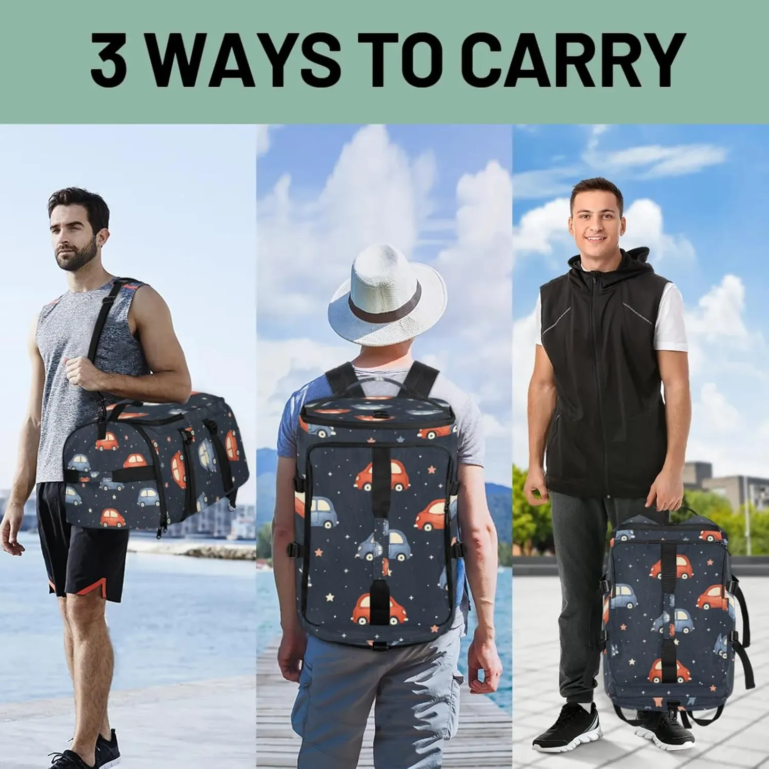 Tactical Sports Duffle Bag for Travel Waterproof Gym Bag with Shoe Compartment 48L Carry On Luggage for Men & Women 3-in-1 Durable Travel Luggage Cartoon Cars