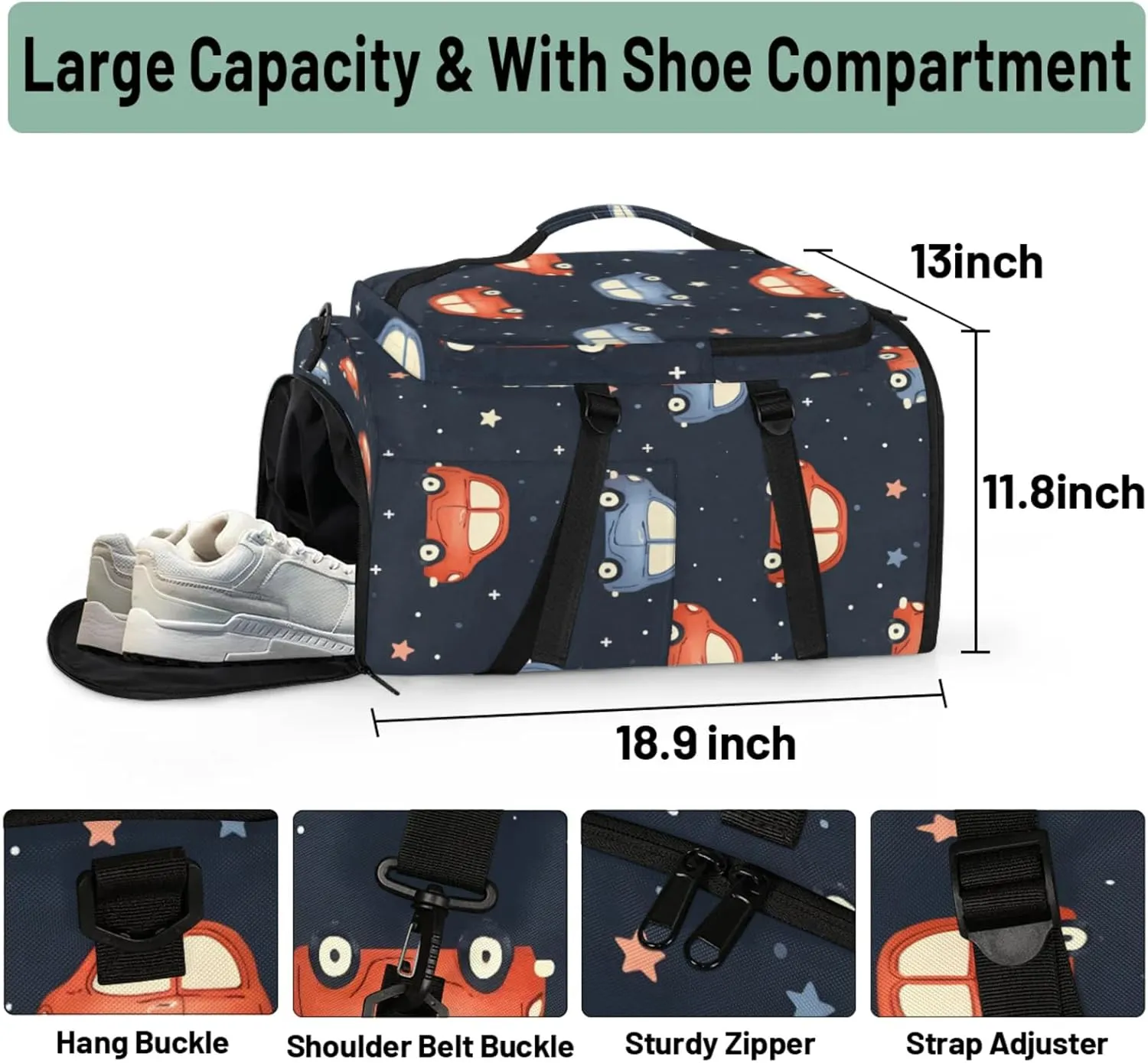 Tactical Sports Duffle Bag for Travel Waterproof Gym Bag with Shoe Compartment 48L Carry On Luggage for Men & Women 3-in-1 Durable Travel Luggage Cartoon Cars