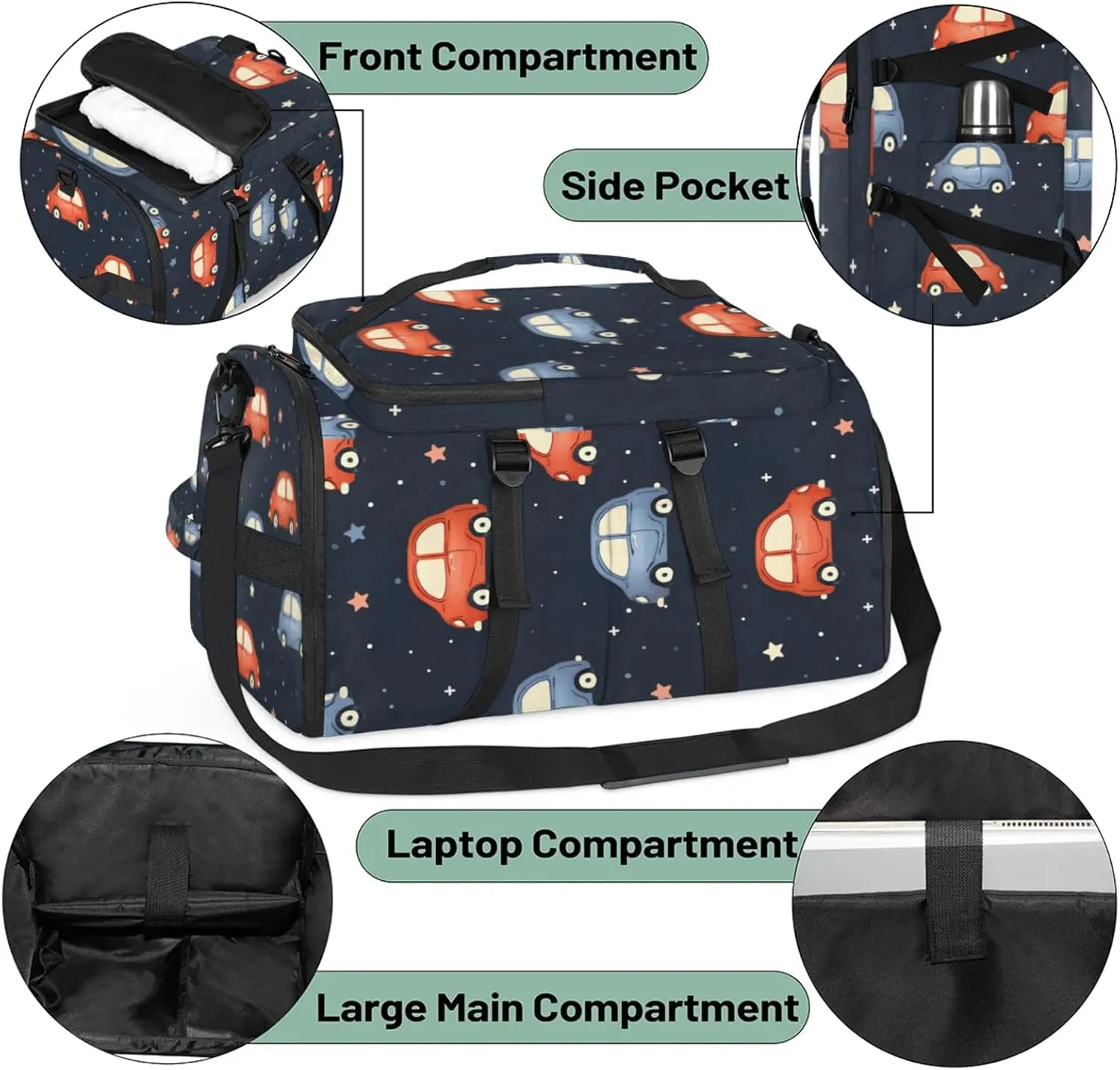 Tactical Sports Duffle Bag for Travel Waterproof Gym Bag with Shoe Compartment 48L Carry On Luggage for Men & Women 3-in-1 Durable Travel Luggage Cartoon Cars