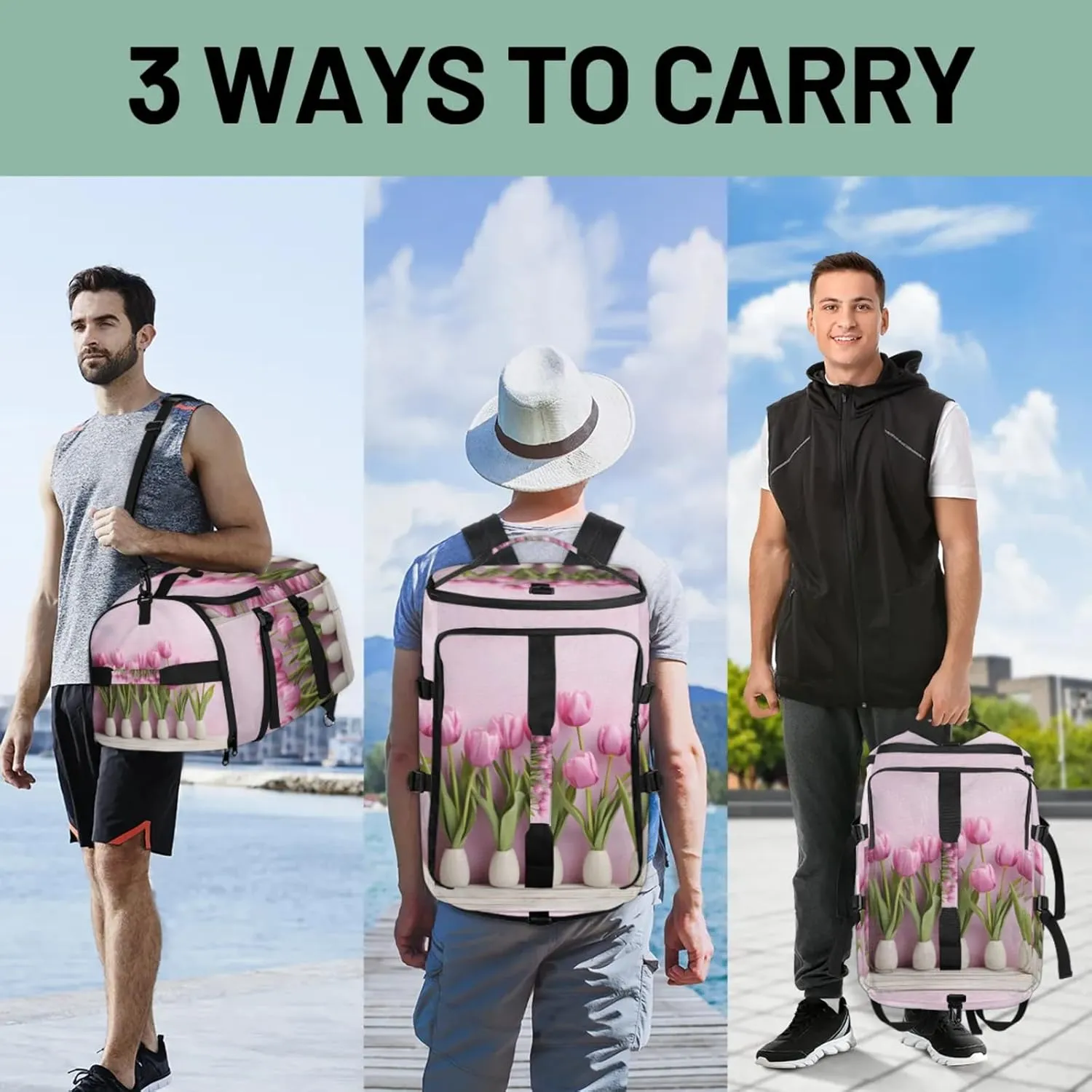 Tactical Sports Duffle Bag for Travel Waterproof Gym Bag with Shoe Compartment 48L Carry On Luggage for Men & Women 3-in-1 Durable Travel Luggage Jars Tulip Flower