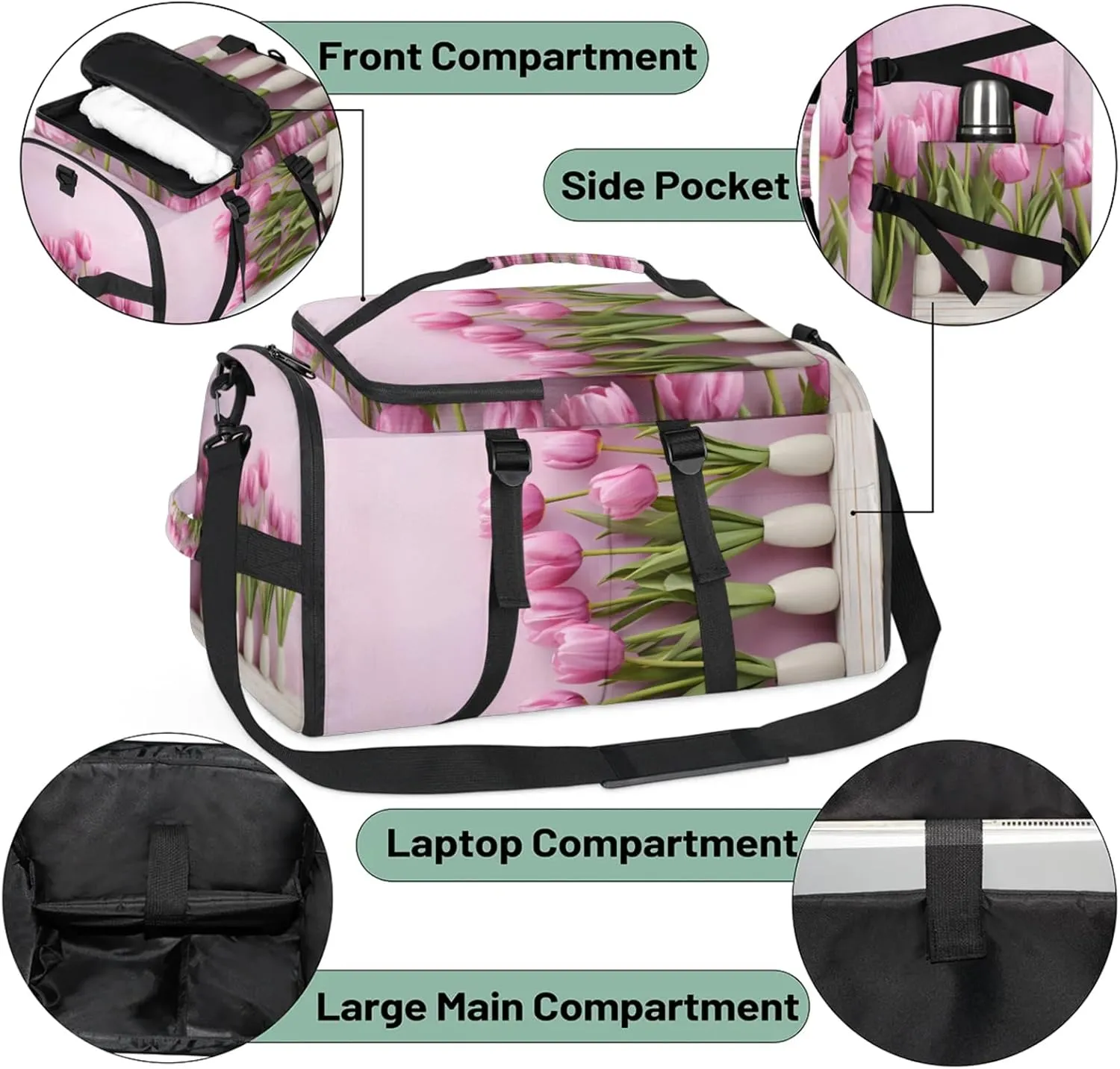 Tactical Sports Duffle Bag for Travel Waterproof Gym Bag with Shoe Compartment 48L Carry On Luggage for Men & Women 3-in-1 Durable Travel Luggage Jars Tulip Flower