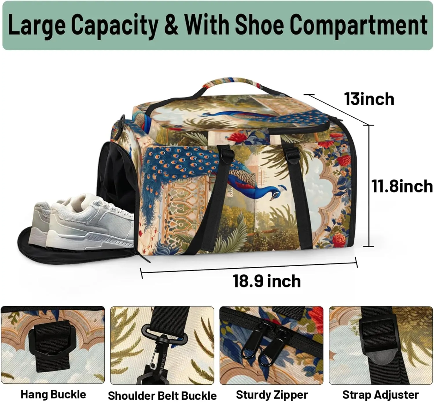 Tactical Sports Duffle Bag for Travel Waterproof Gym Bag with Shoe Compartment 48L Carry On Luggage for Men & Women 3-in-1 Durable Travel Luggage Noble Peacock